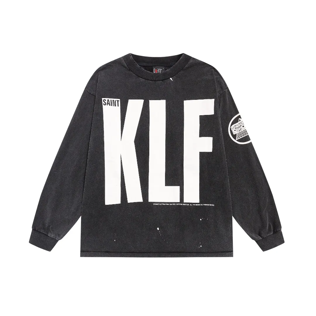 Mechao Saint Michael "klf exhibition limited" vintage distressed washed crack printed long-sleeved loose T-shirt Fabric: 260g Style number: SM02 Size: S-M-L-XL Color: Black Price: P156